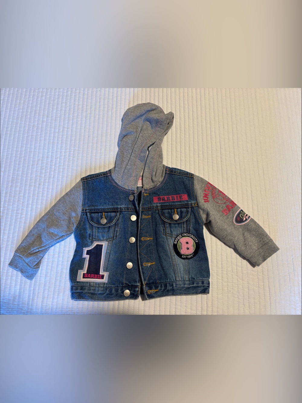 Barbie Size 2T varsity Denim & Grey Hooded Jacket